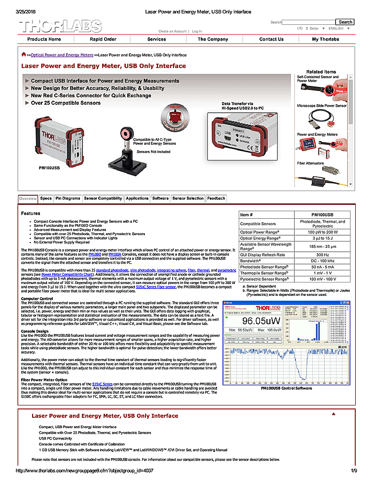 Optical Power Meter, USB Computer Interface from Thorlabs