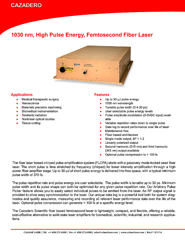 1030nm, 30µJ Femtosecond Fiber Laser from Calmar Laser