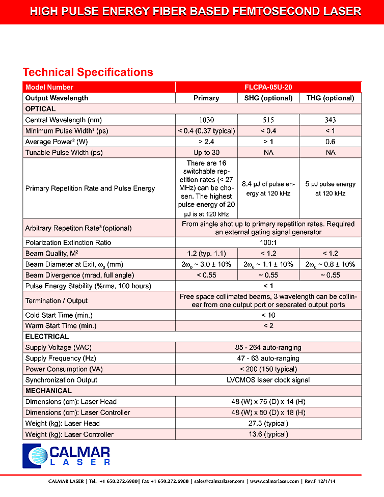 1030nm, 30µJ Femtosecond Fiber Laser from Calmar Laser