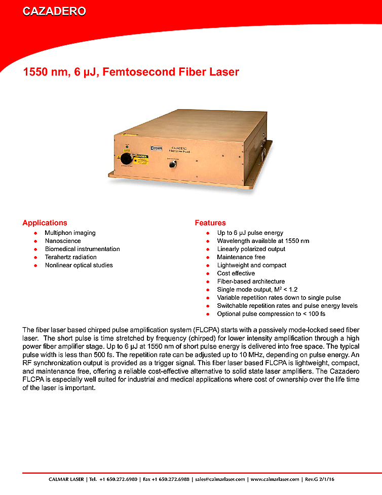 1550nm, 6µJ Femtosecond Fiber Laser from Calmar Laser