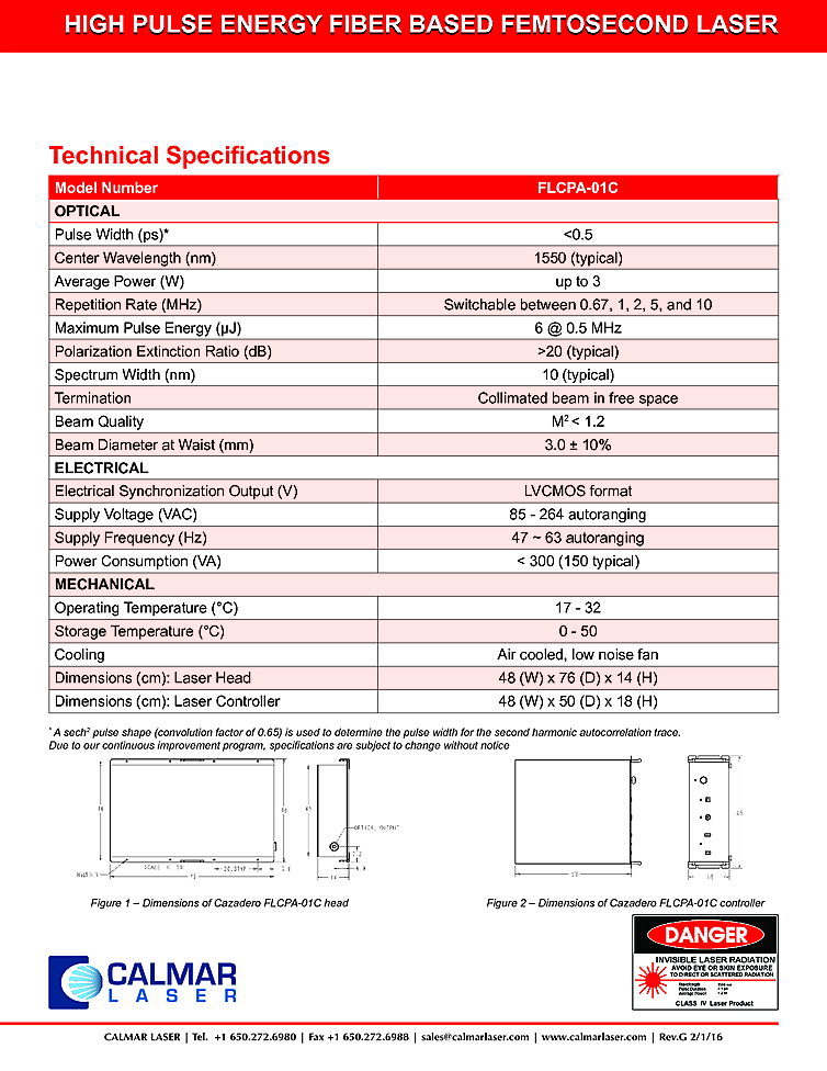 1550nm, 6µJ Femtosecond Fiber Laser from Calmar Laser