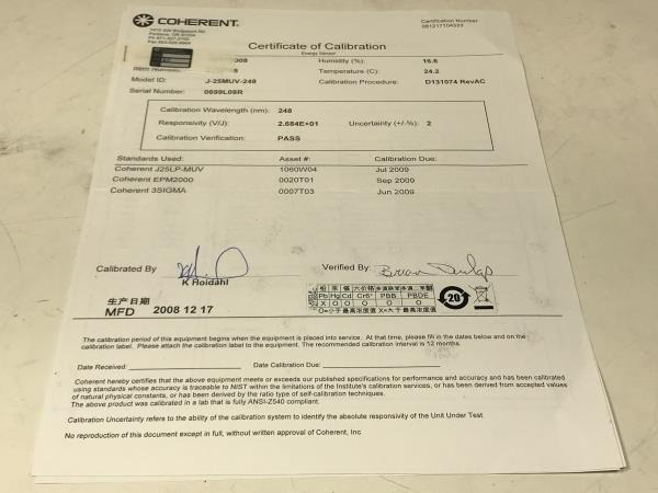 Coherent EnergyMax J25-MUV Detector Calibration Cert